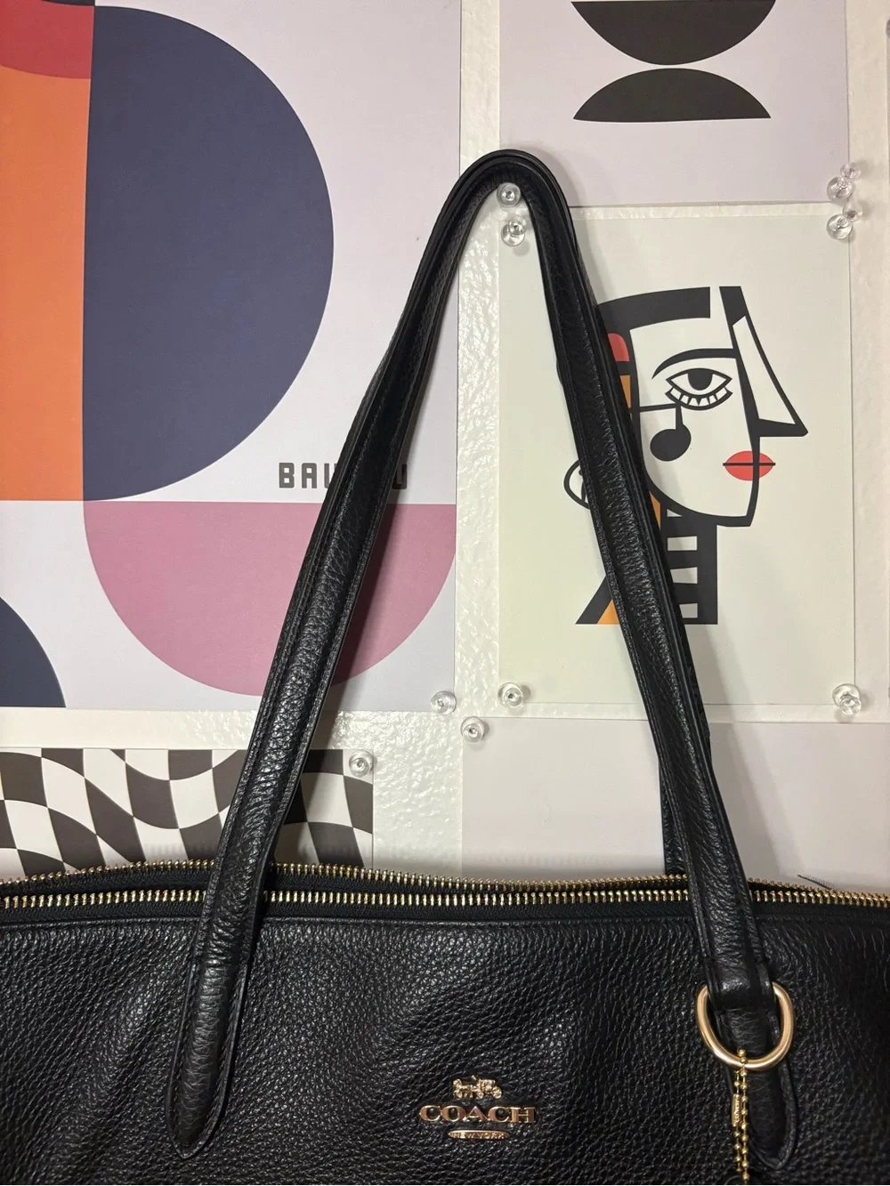 Coach Black Pebbled Leather Shoulder Tote with Gold Accents